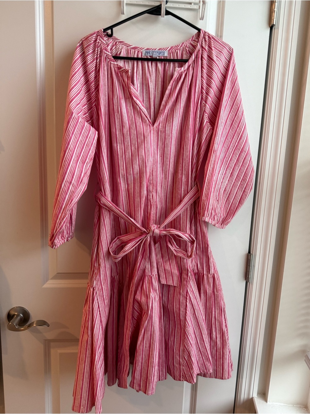 Pink City Prints Striped Pink Midi Dress Tie Waist Preppy Coastal Medium/Large